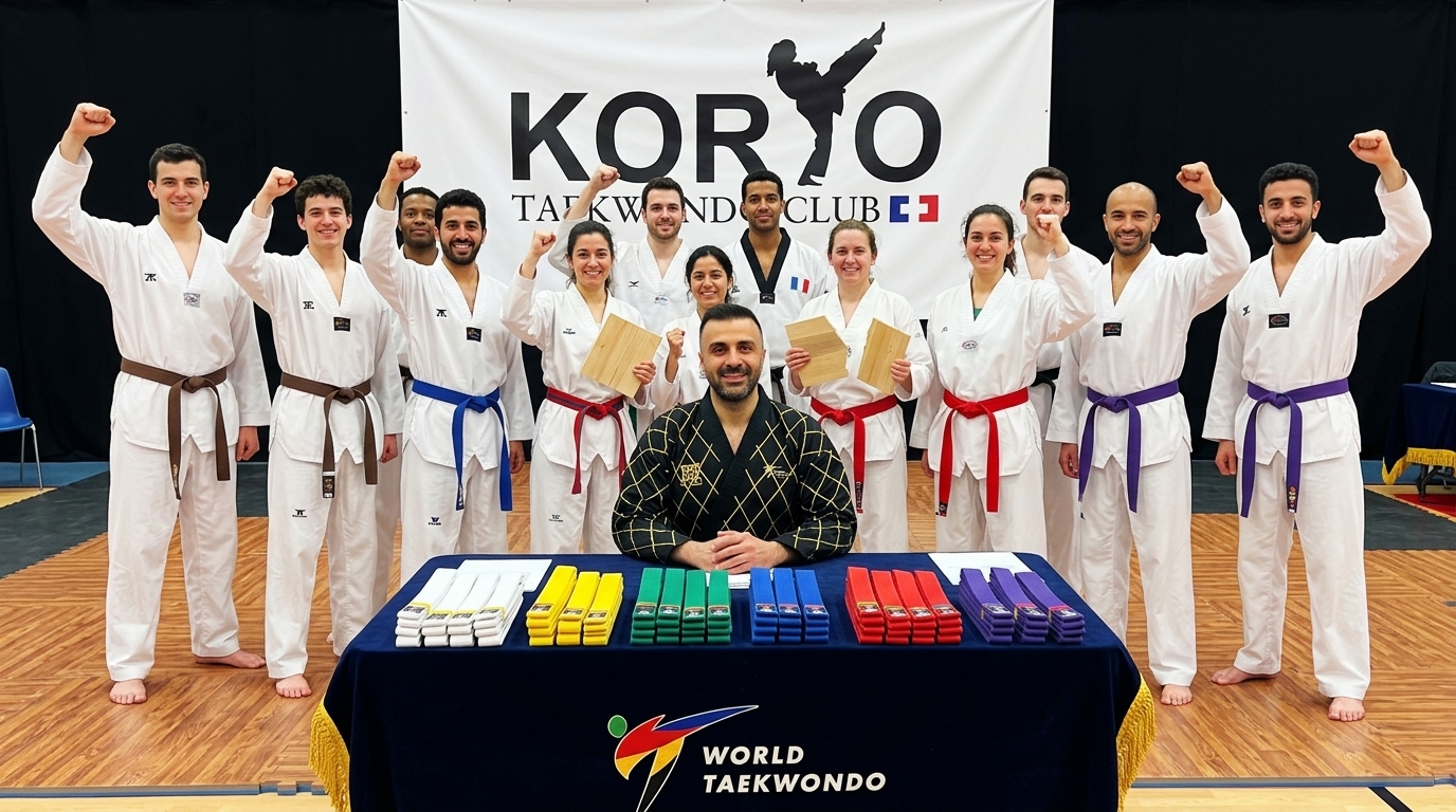 Master Hamed with students at a belt ceremony