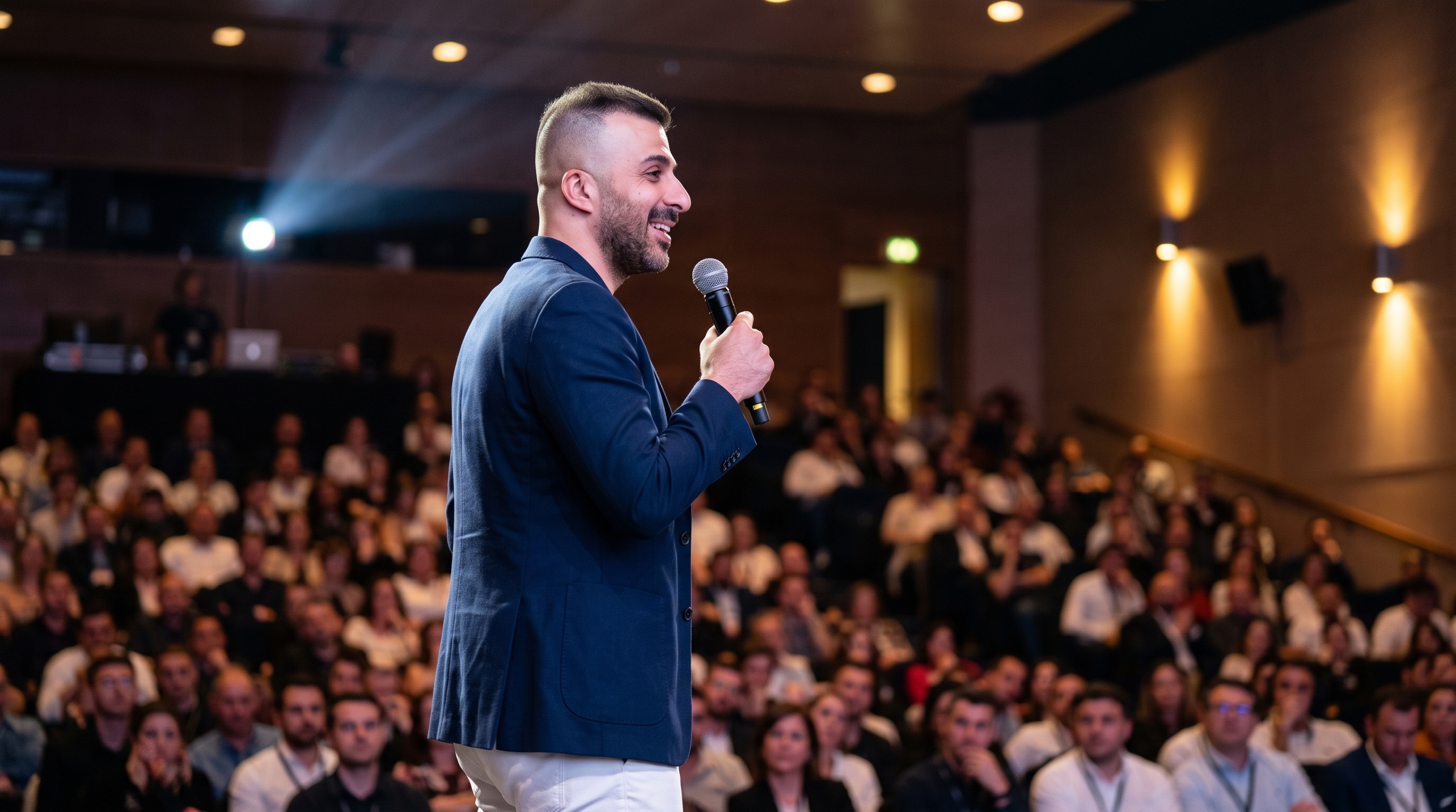 Master Hamed presenting on stage to an audience