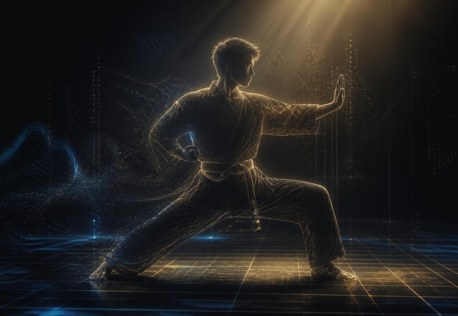 Luminous outline of a young martial artist holding a stance on a glowing dojang grid