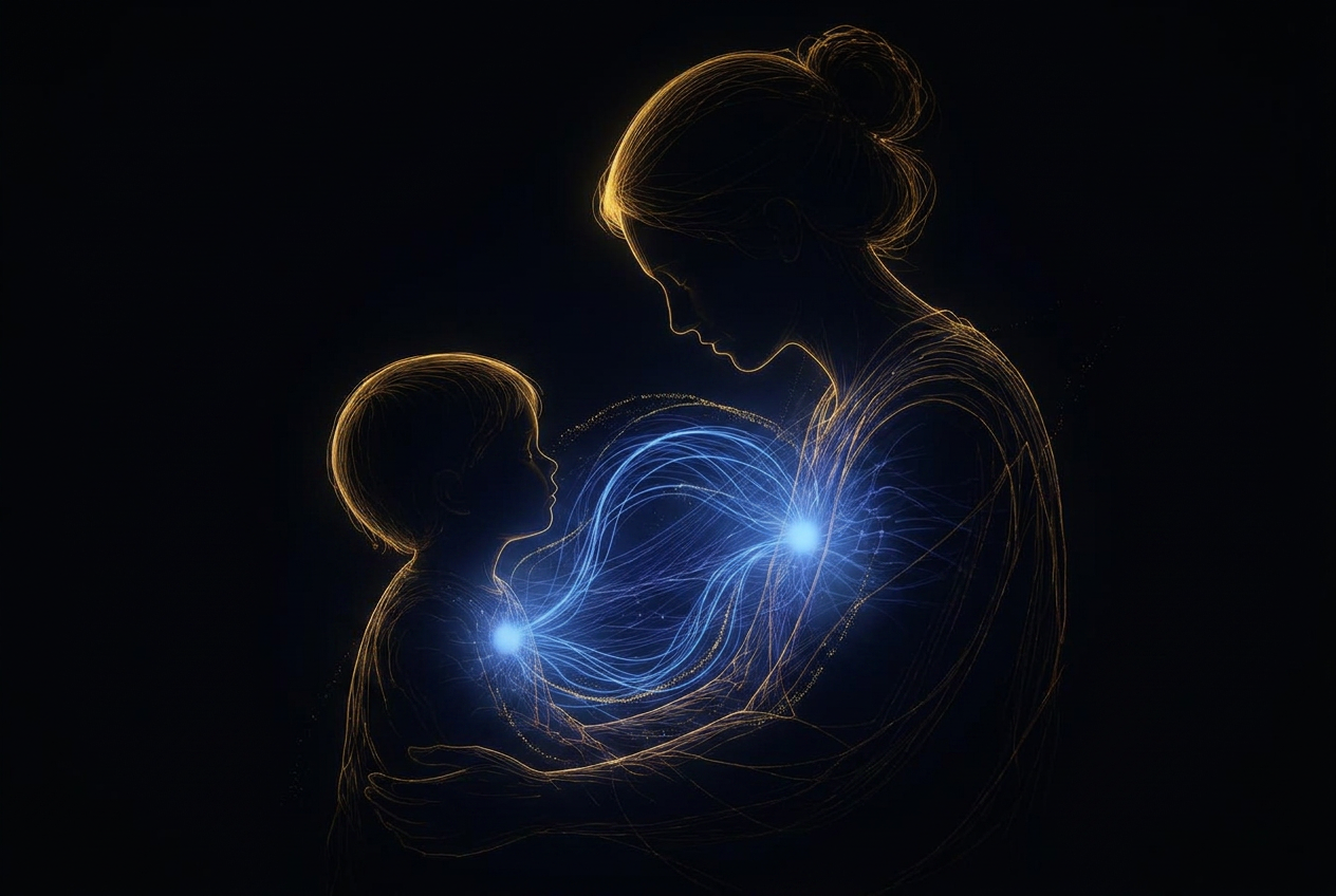 Glowing line-art of a parent and child connected by luminous data threads