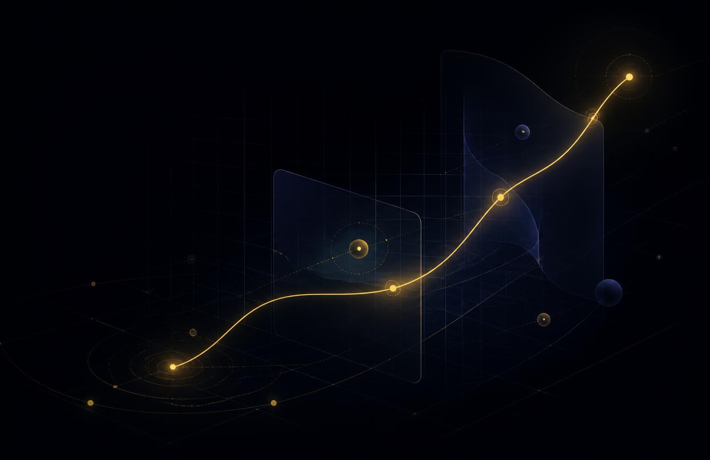 Abstract gold progression curve rising through an indigo data grid